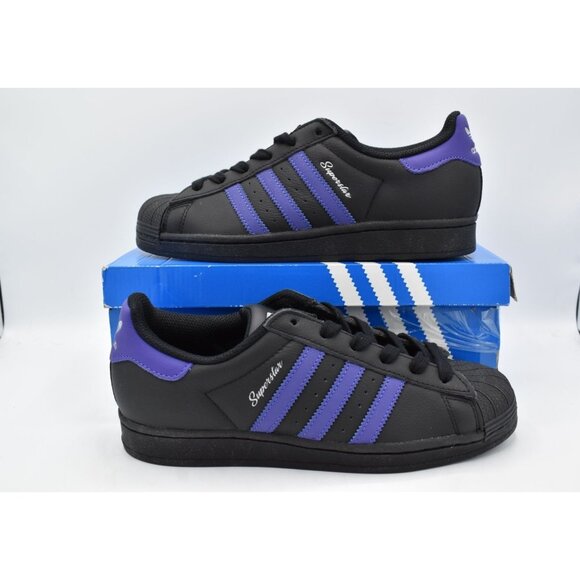 Adidas Womens Size 7.5 Superstar Black Purple Leather Sneakers Shoes - Picture 9 of 12